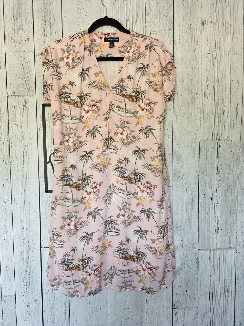 Tribal Femme Pink Tropical Palm Print Button Front Dress | Size Small | Pre-Love